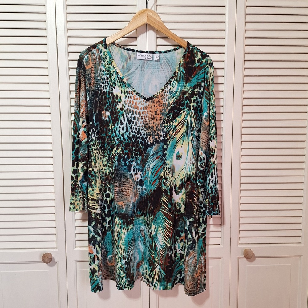 Attitudes by Renee Womens 2X Animal Peacock Print V-Neck 3/4 Sleeve Tunic Top
